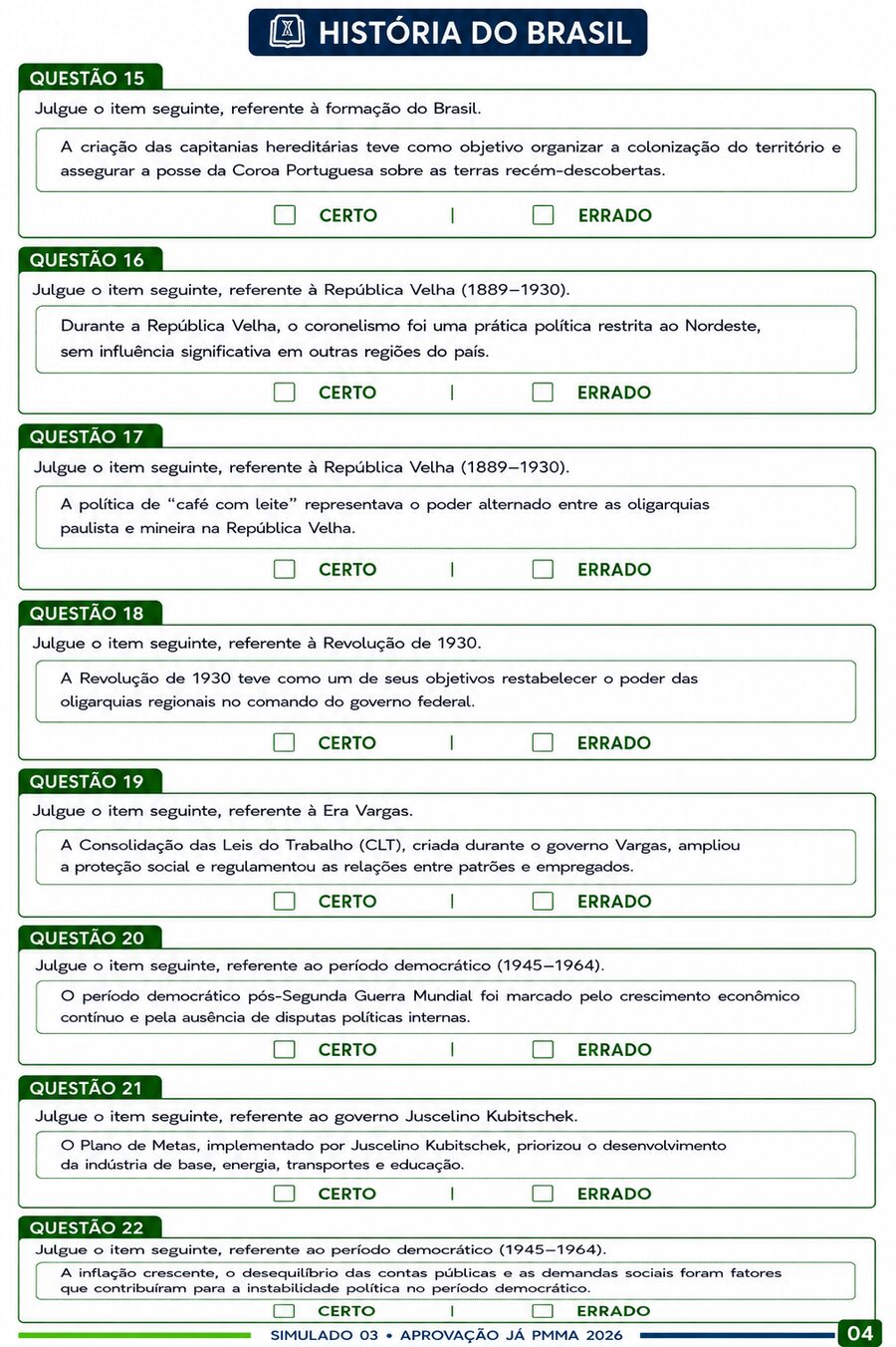 Amostra do PDF do simulado PM-MA 2026: História do Brasil