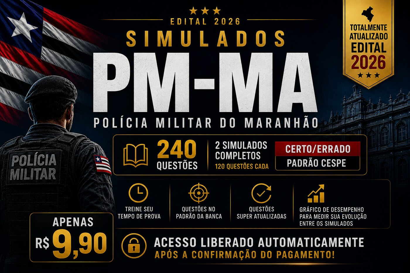 Capa dos simulados da Polícia Militar do Maranhão, edital 2026: 240 questões em 2 simulados completos por R$ 9,90