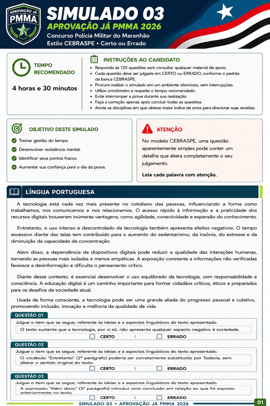 Amostra do PDF do simulado PM-MA 2026: Instruções e Língua Portuguesa
